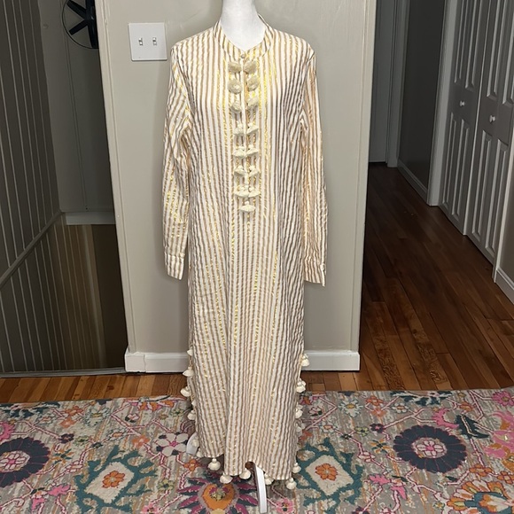 FIGUE Paolina Metallic Stripe Tassel-Trimmed Cotton Blend Caftan Dress One Size - Picture 5 of 11